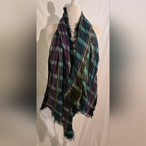 Plaid Fringed Scarf in Purple and Green